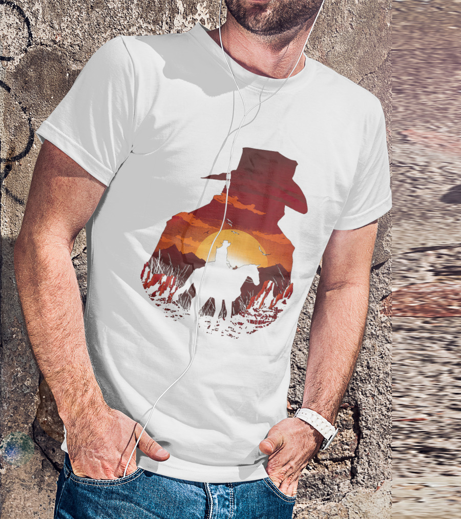 Vintage Western Sunset Cowboy Horse Riding Rodeo Mens Boy Hat T-Shirt