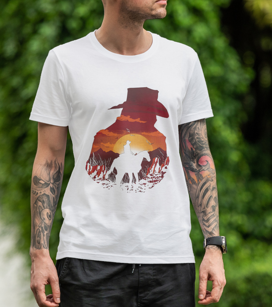 Vintage Western Sunset Cowboy Horse Riding Rodeo Mens Boy Hat T-Shirt