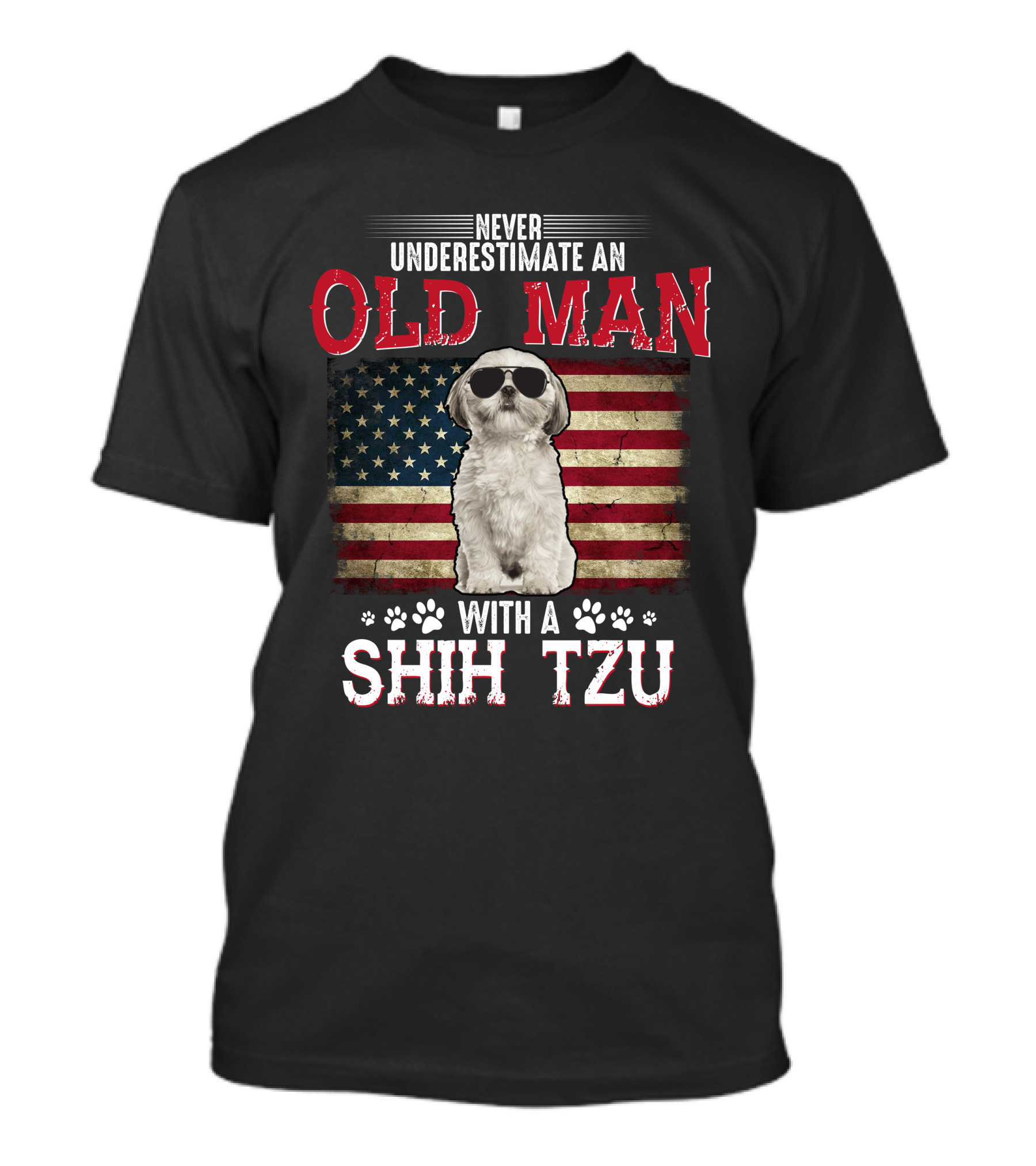 Never Underestimate An Old Man With A Shih Tzu American Flag Sunglasses T-Shirt