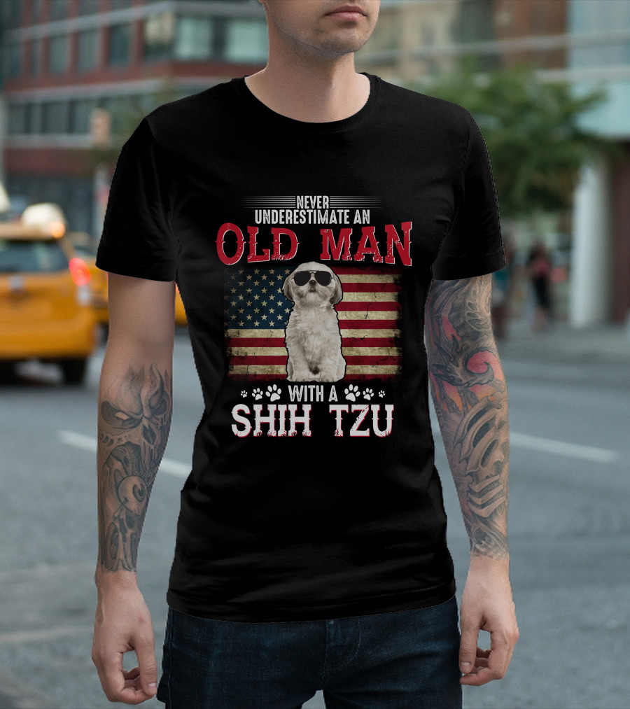 Never Underestimate An Old Man With A Shih Tzu American Flag Sunglasses T-Shirt