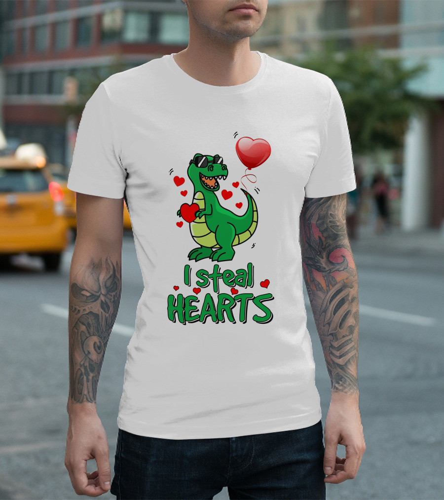 RD Dinosaur Valentines Day I Steal Hearts with Sunglasses and Balloon T-Shirt