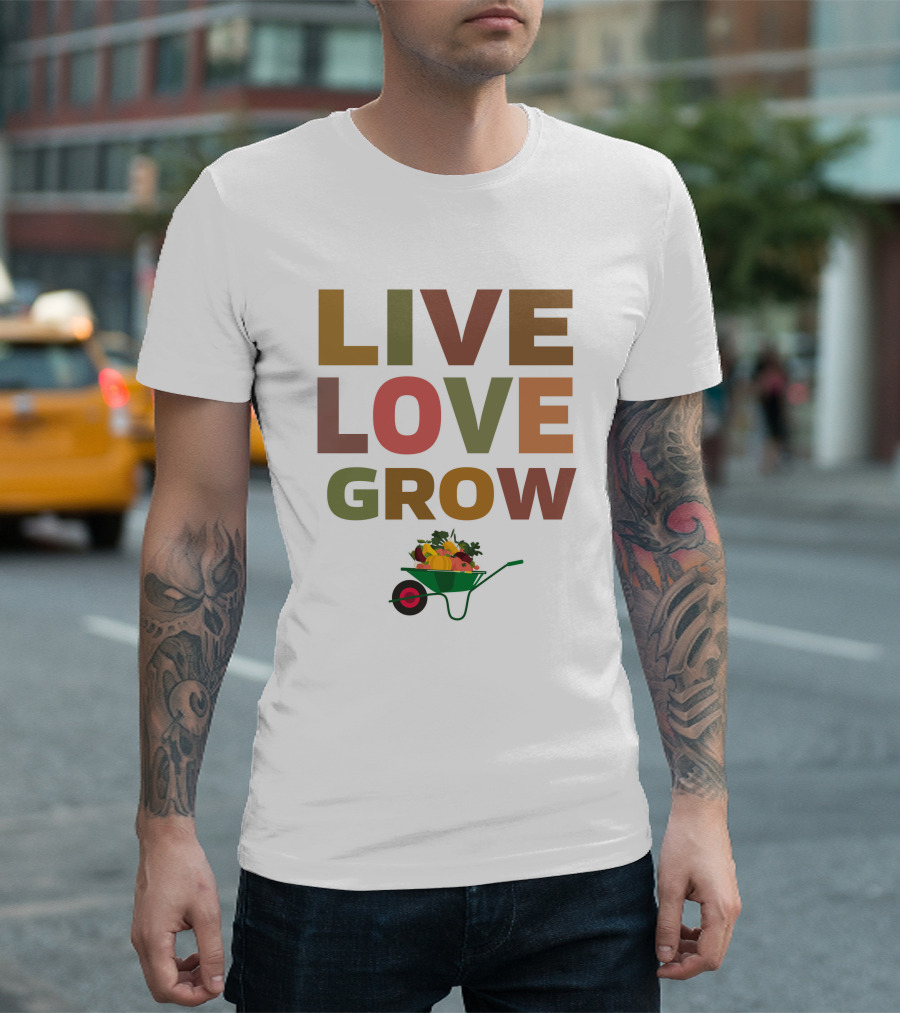 Live Love Grow Gardening Wheelbarrow with Harvest Vegetables T-Shirt