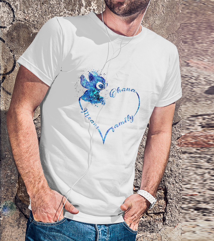 Ohana Means Family Heart Shape Stitch Blue Watercolor T-Shirt
