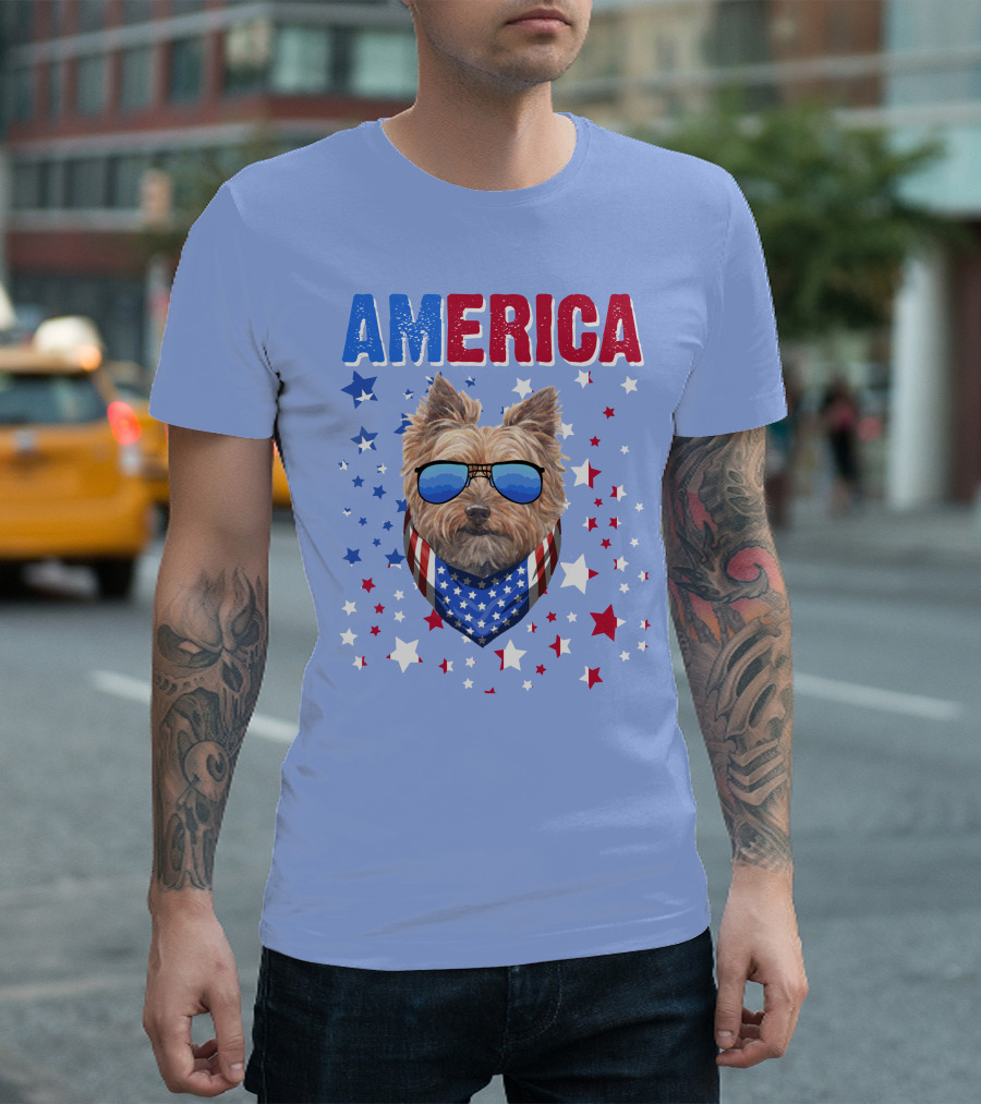 America Yorkshire Terrier Patriotic Bandana Sunglasses Stars T-Shirt