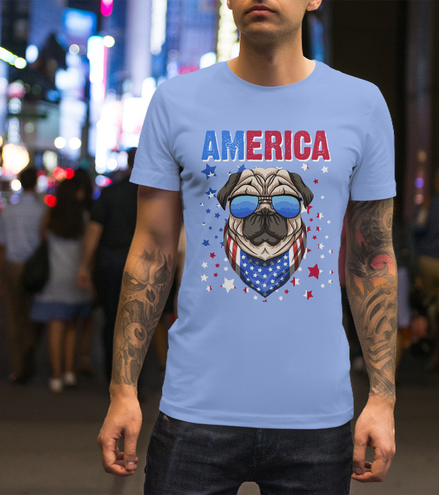 RD America Pug Sunglasses Bandana Stars T-Shirt