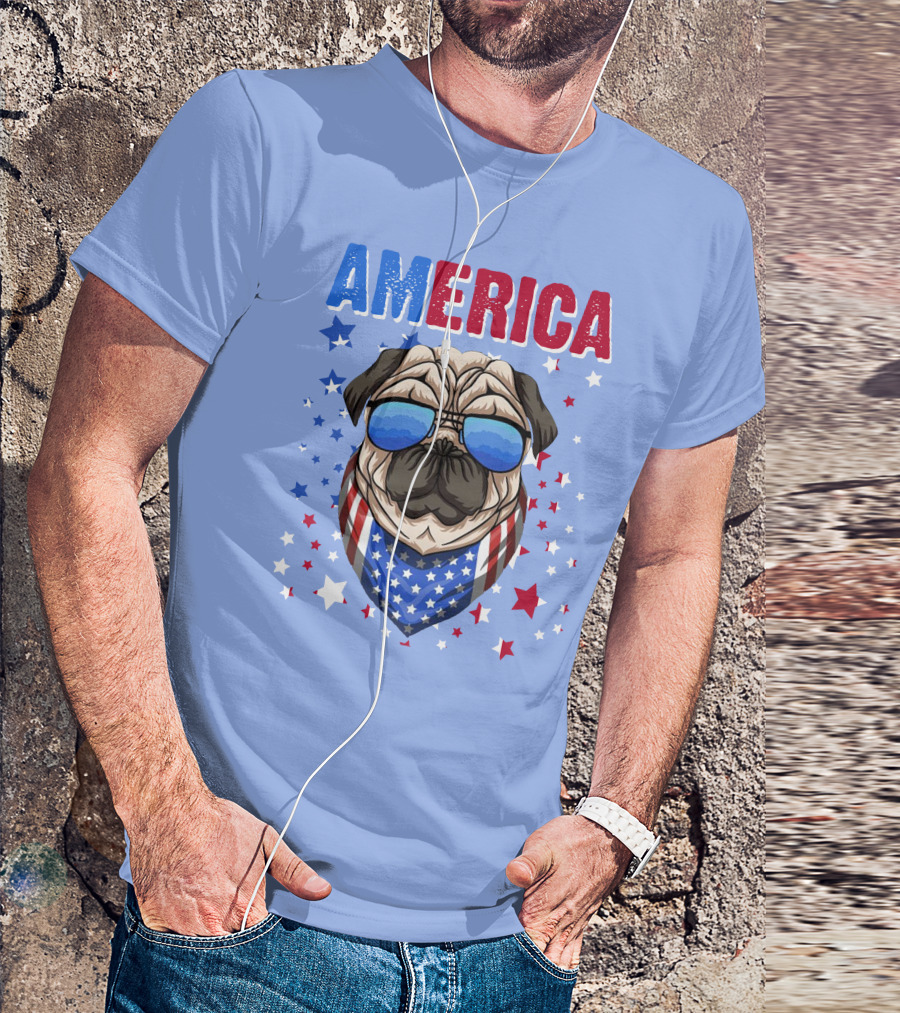 RD America Pug Sunglasses Bandana Stars T-Shirt