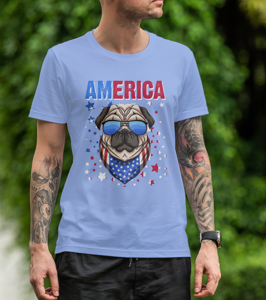 RD America Pug Sunglasses Bandana Stars T-Shirt