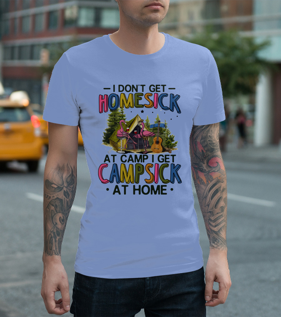 I Don't Get Homesick at Camp I Get Campsick at Home Pink Flamingos Tent Guitar T-Shirt