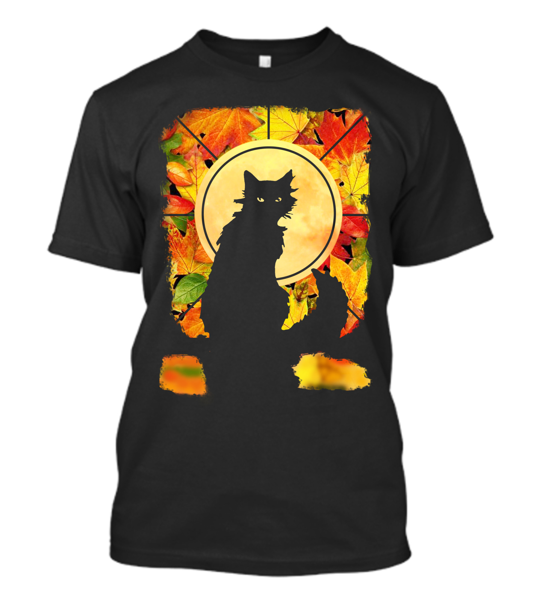 Black Cat Autumn Leaves Silhouette With Full Moon T-Shirt
