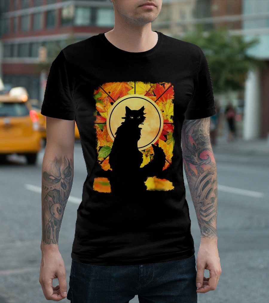 Black Cat Autumn Leaves Silhouette With Full Moon T-Shirt