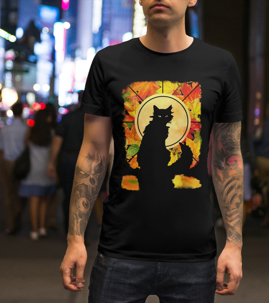 Black Cat Autumn Leaves Silhouette With Full Moon T-Shirt