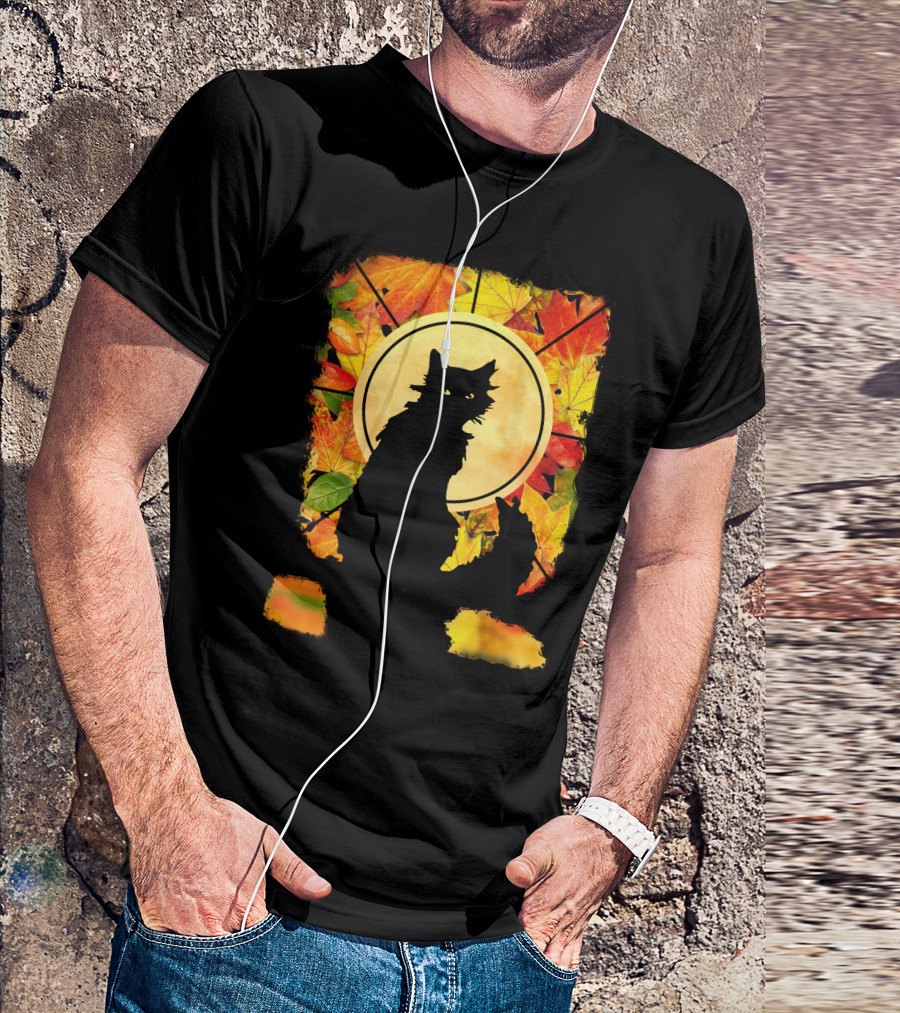 Black Cat Autumn Leaves Silhouette With Full Moon T-Shirt
