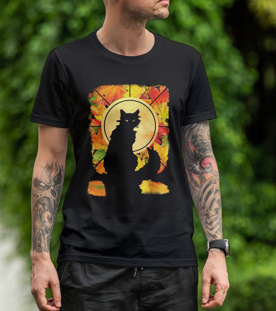 Black Cat Autumn Leaves Silhouette With Full Moon T-Shirt