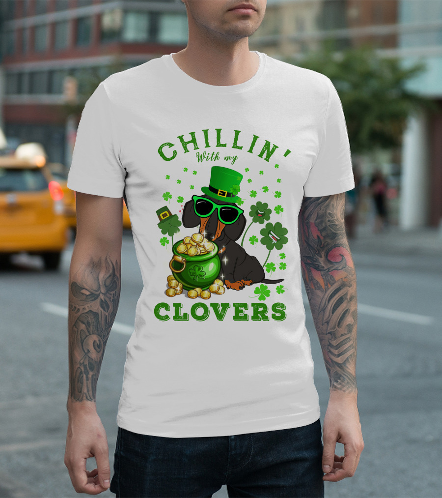 Chillin With My Clovers Dachshund In Green Hat And Sunglasses T-Shirt