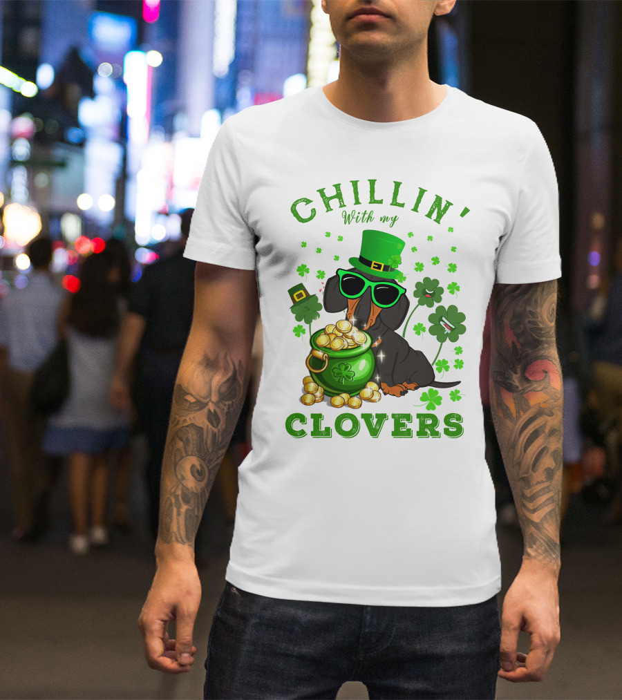 Chillin With My Clovers Dachshund In Green Hat And Sunglasses T-Shirt