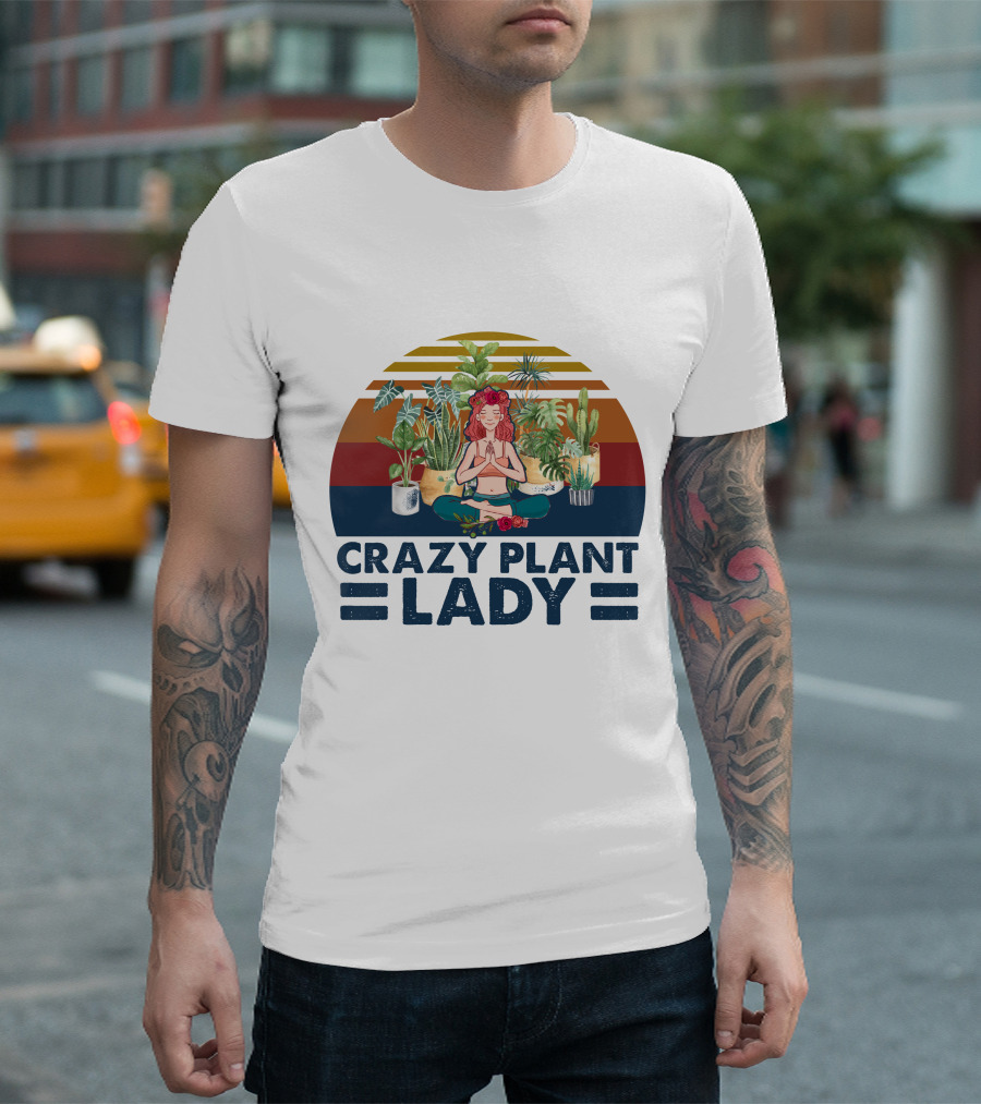 Crazy Plant Lady Meditation with Houseplants and Retro Stripes T-Shirt