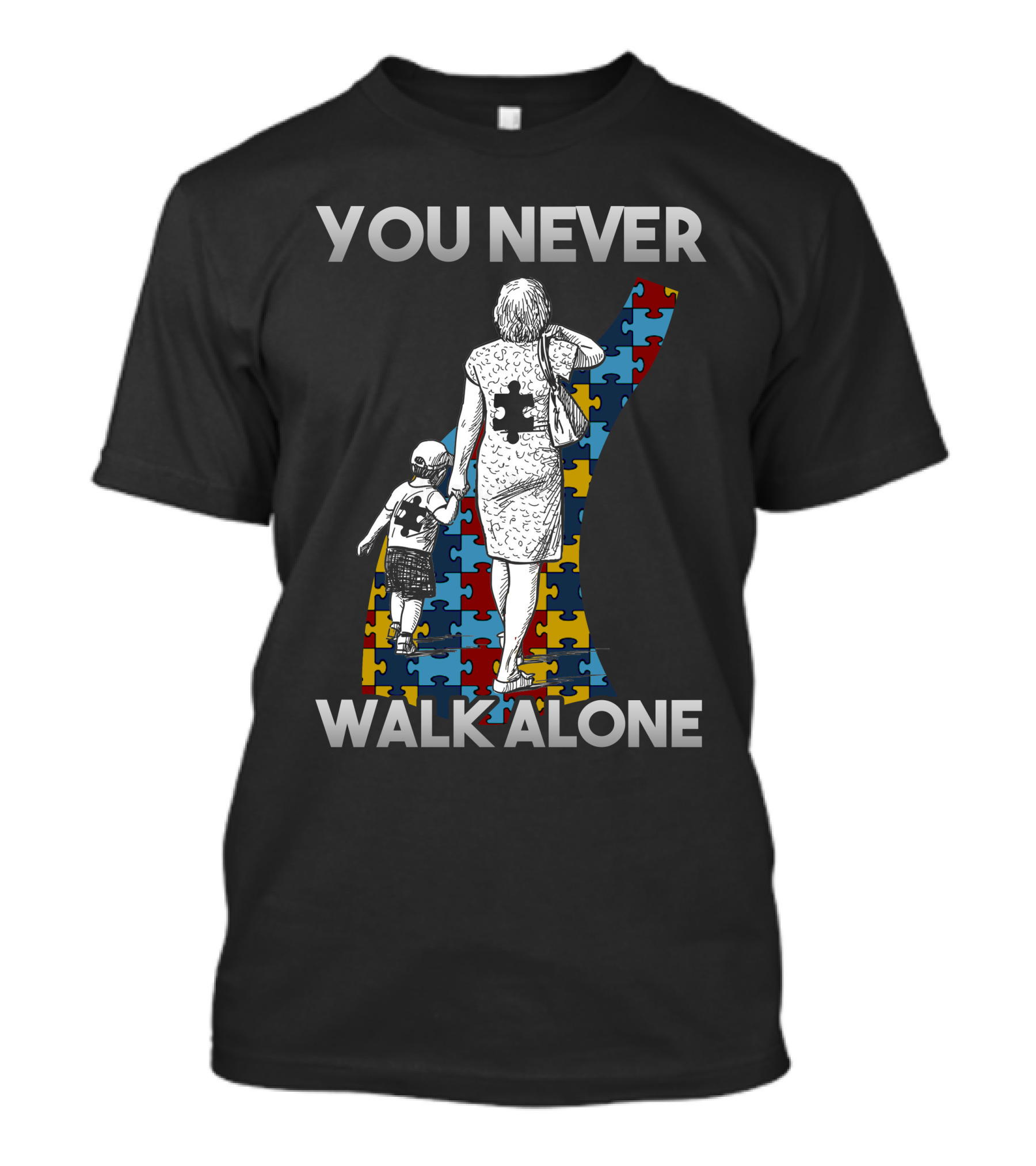 You Never Walk Alone Autism Awareness Mom And Son Puzzle Piece T-Shirt