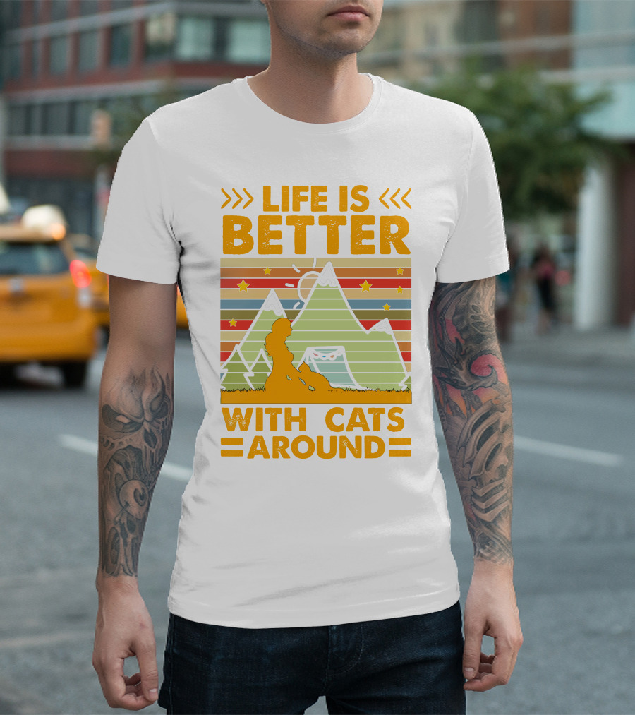 Life Is Better with Cats Around Mountains Silhouette Stars Stripes T-Shirt