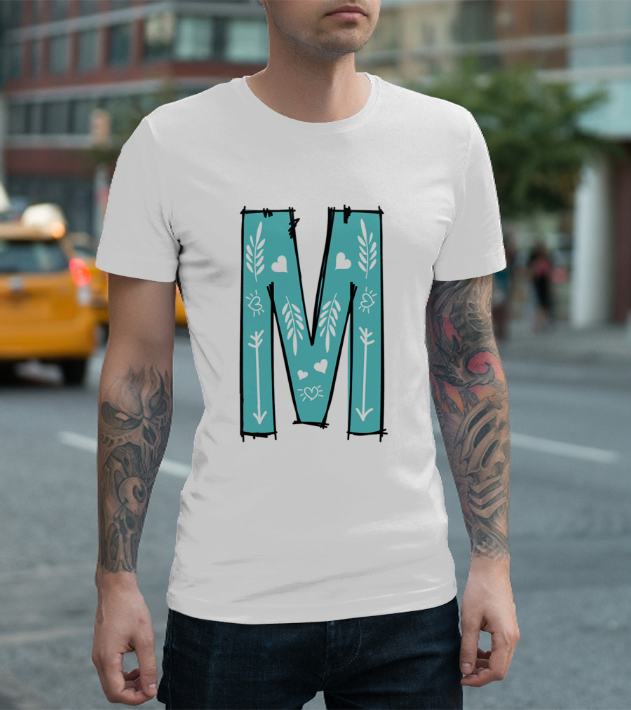 M Hearts and Arrows on Teal Background T-Shirt