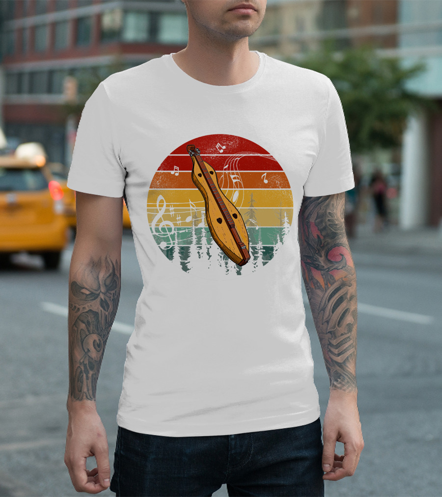 Dulcimer Lovers Guitar Mountain Sunset With Music Notes T-Shirt