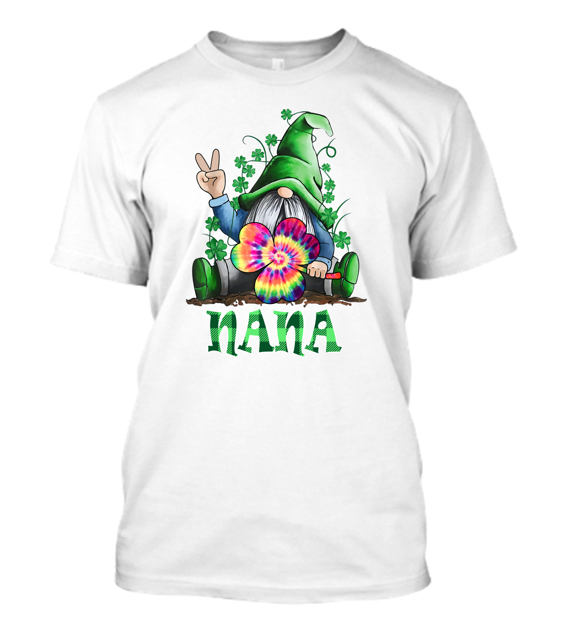 Nana Gnome Peace Sign With Tie-Dye Clover And Shamrocks T-Shirt