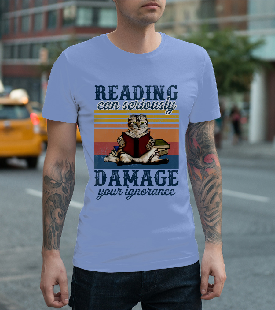 RD Cat Reading Can Seriously Damage Your Ignorance Cat Vintage Stripes T-Shirt