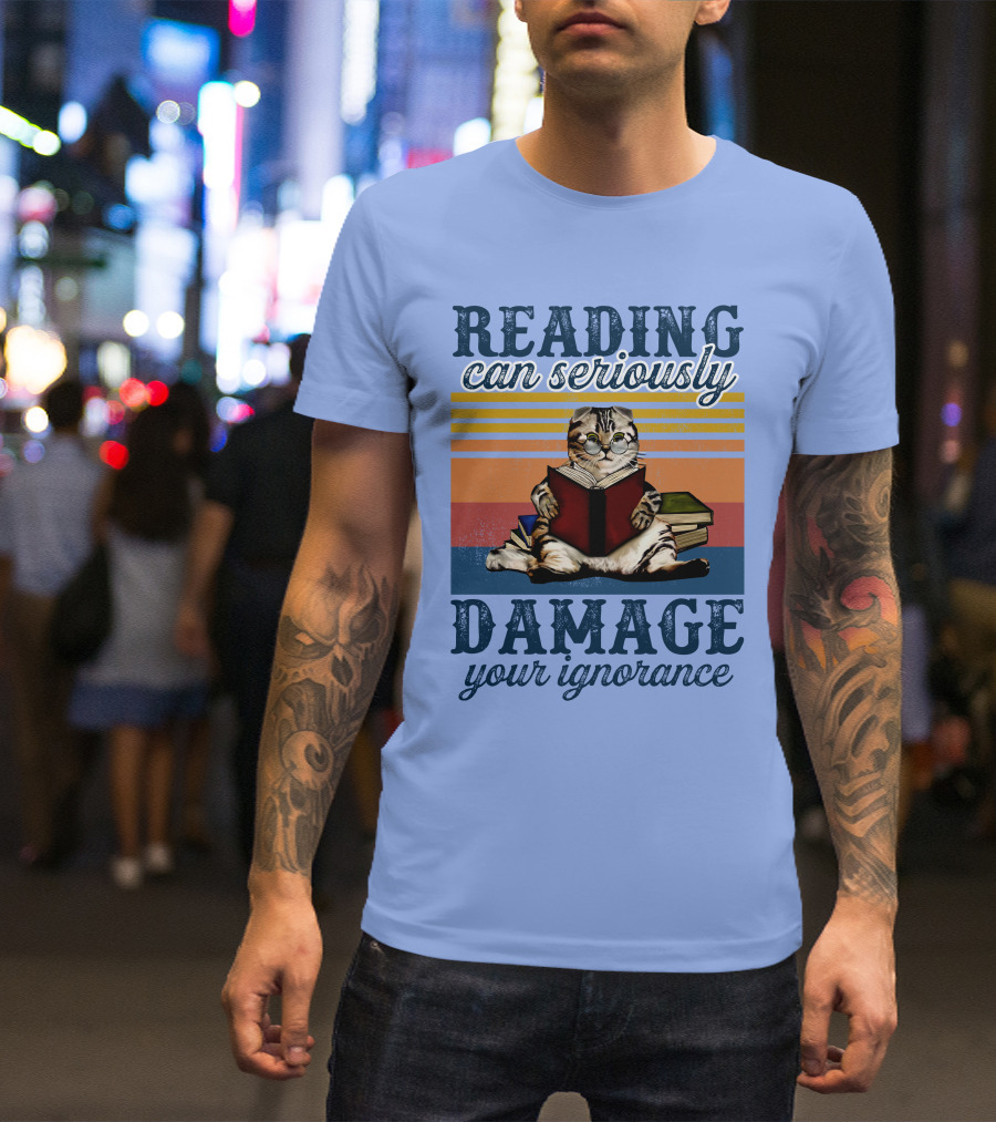 RD Cat Reading Can Seriously Damage Your Ignorance Cat Vintage Stripes T-Shirt