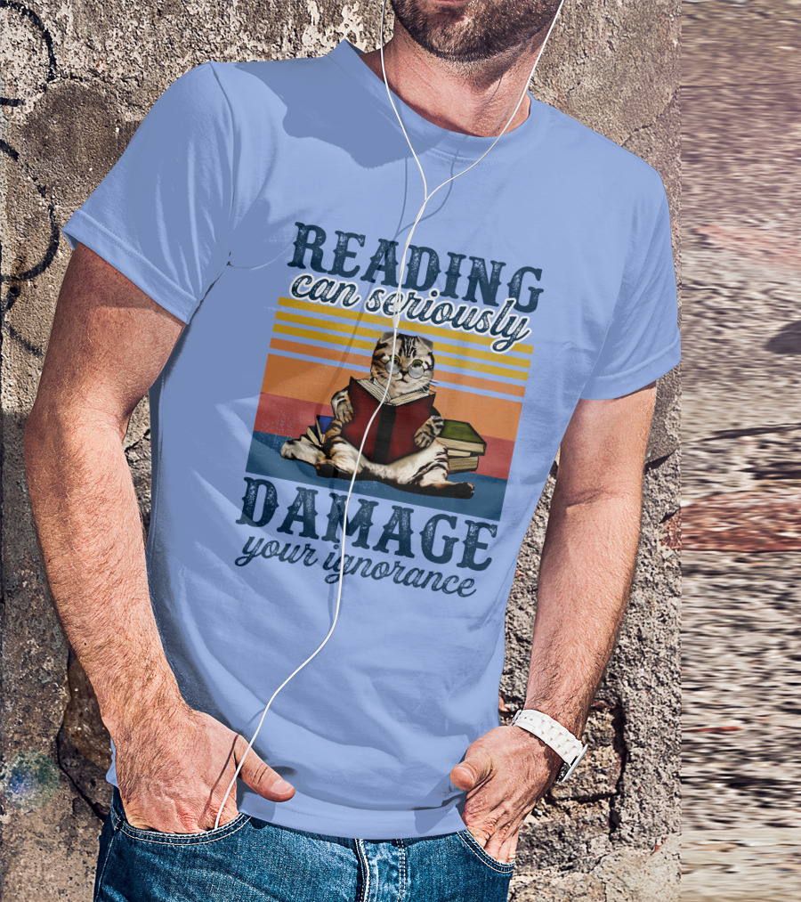 RD Cat Reading Can Seriously Damage Your Ignorance Cat Vintage Stripes T-Shirt