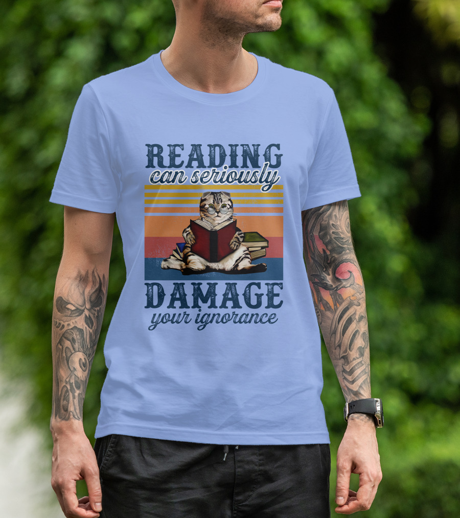 RD Cat Reading Can Seriously Damage Your Ignorance Cat Vintage Stripes T-Shirt