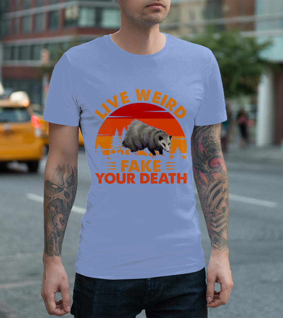 Live Weird Fake Your Death Opossum Retro Sunset T-Shirt