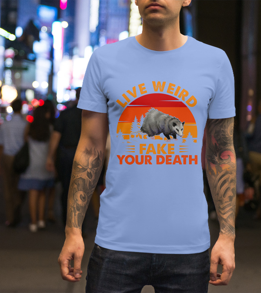 Live Weird Fake Your Death Opossum Retro Sunset T-Shirt