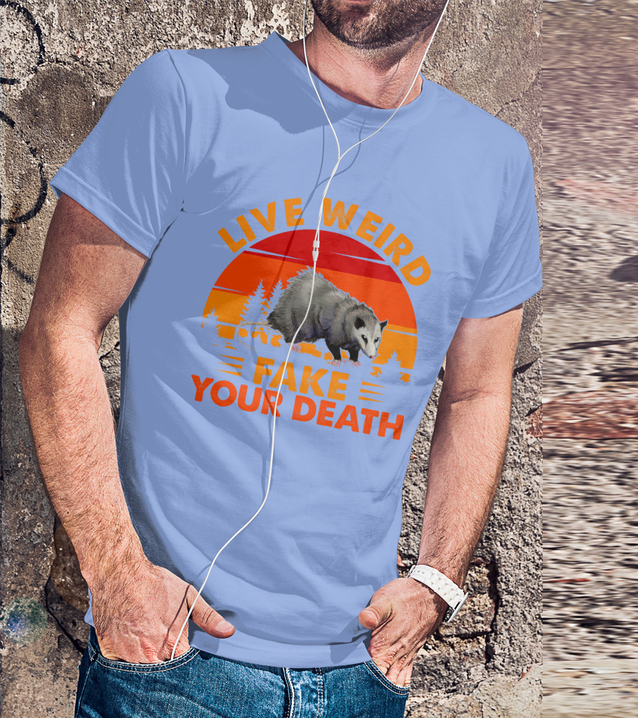 Live Weird Fake Your Death Opossum Retro Sunset T-Shirt