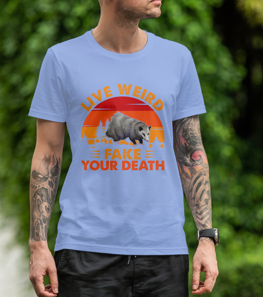 Live Weird Fake Your Death Opossum Retro Sunset T-Shirt