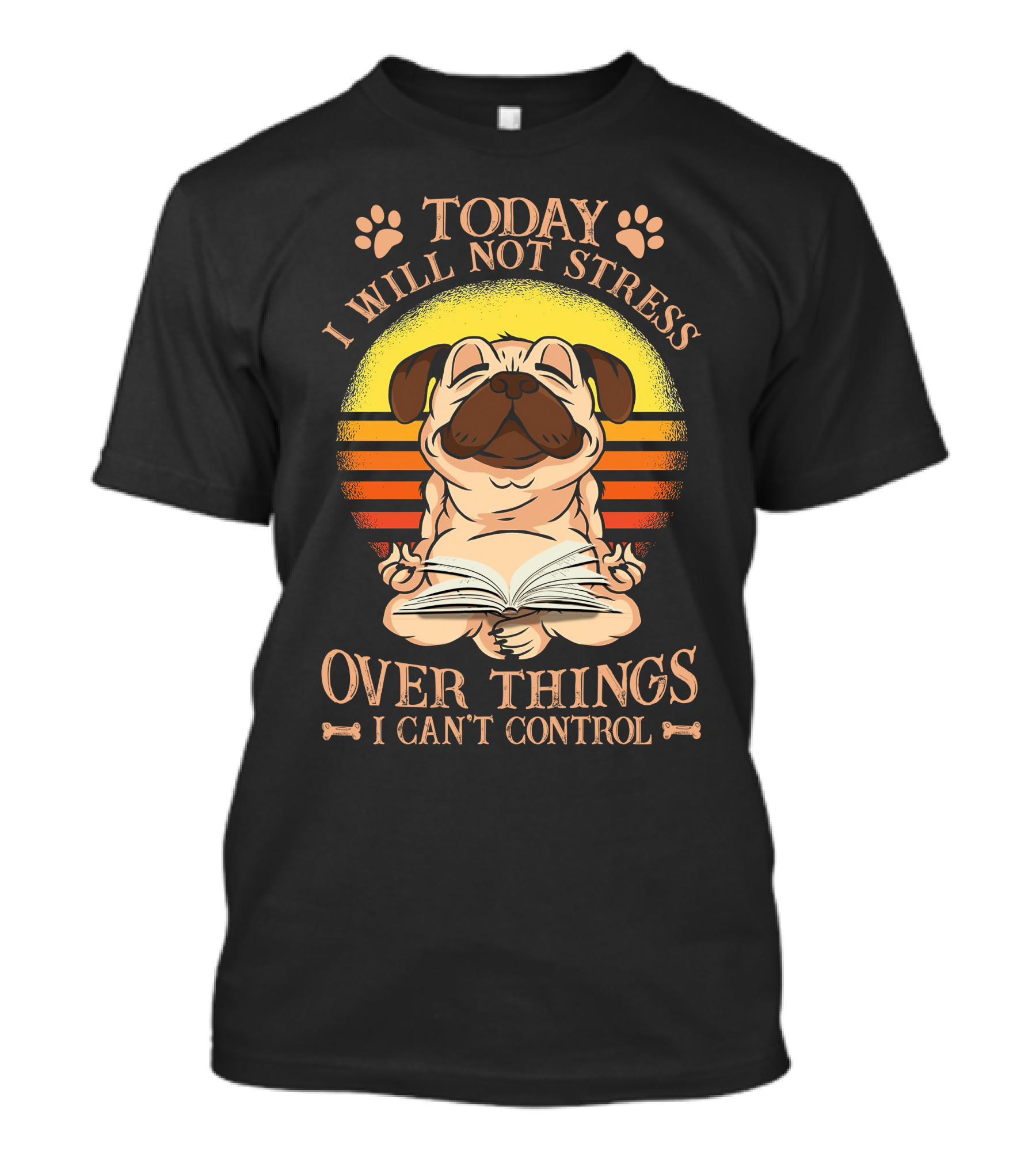 Today I Will Not Stress Over Things I Can't Control Pug With Open Book And Paw Prints Retro Sunset Background T-Shirt