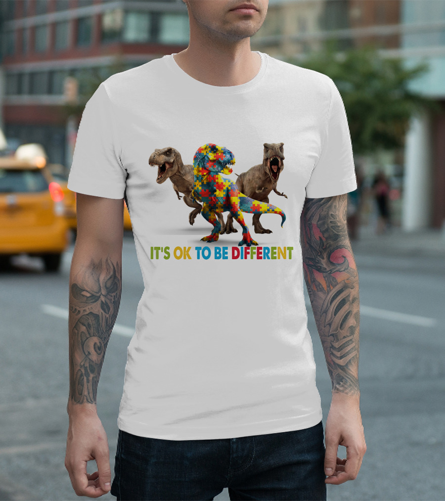 Autism It's Ok To Be Different Colorful Puzzle Piece Dinosaur T-Shirt