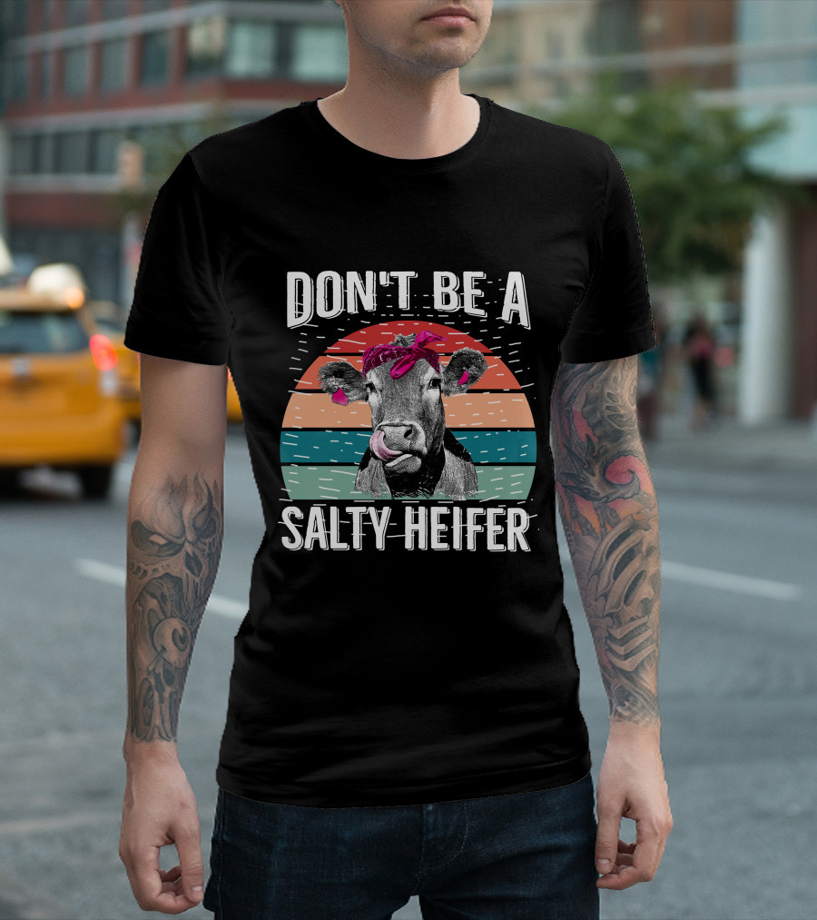 DON'T BE A SALTY HEIFER Cow With Bandana Retro Sunset T-Shirt