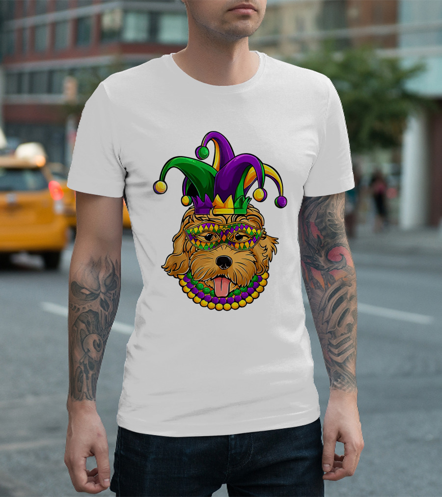 Mardi Gras Golden Doodle Jester Hat Beads Mask Purple Dog T-Shirt