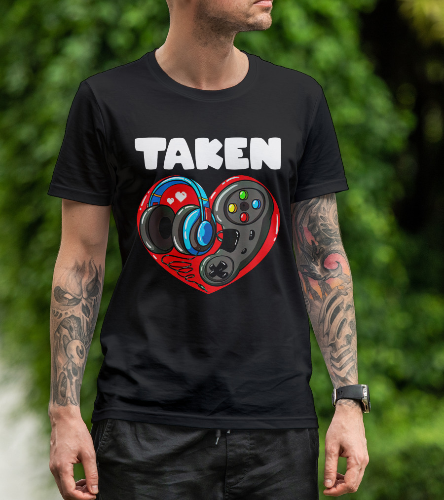 Boys Valentines Day Gaming Lover Men Taken Funny Controller Headset Heart T-Shirt
