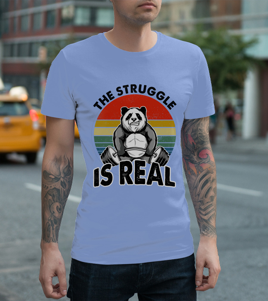 The Struggle Is Real Panda With Weights Retro Stripes T-Shirt