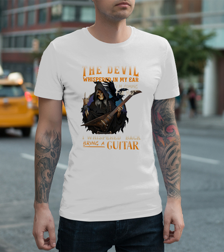 The Devil Whispered In My Ear I'm Coming For You I Whispered Back Bring A Guitar Skeleton in Hood Playing Electric Guitar T-Shirt