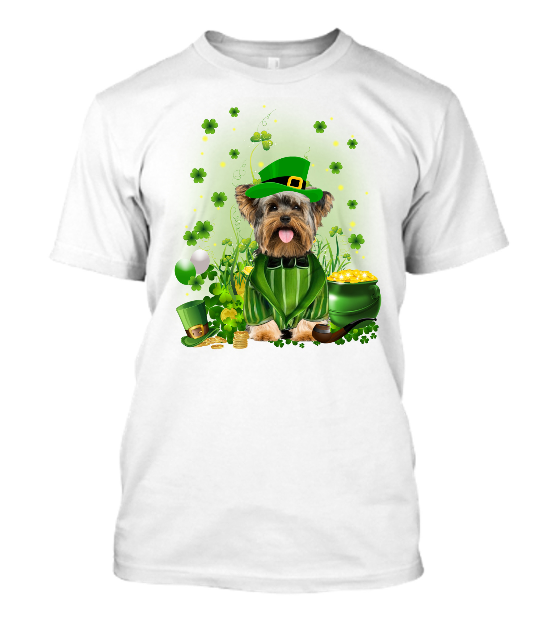 Yorkshire Terrier Saint Patrick's Day Celebration Leprechaun Outfit Shamrocks Pot Of Gold T-Shirt