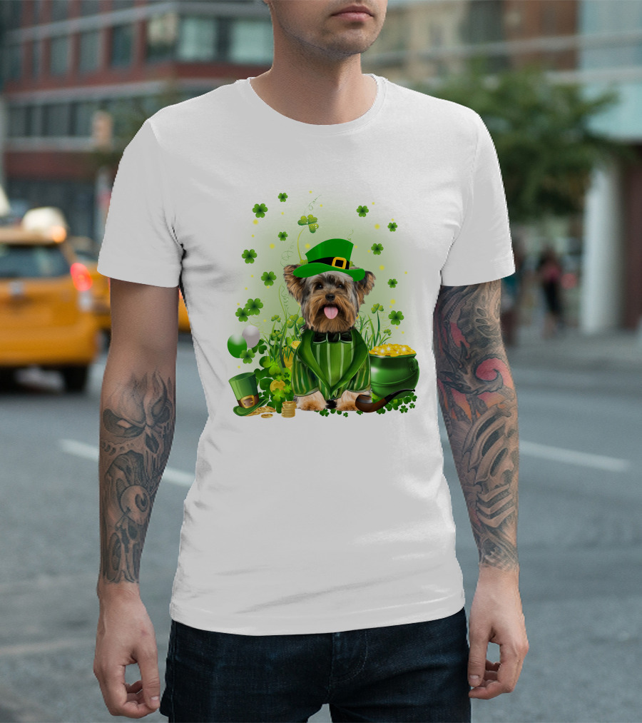 Yorkshire Terrier Saint Patrick's Day Celebration Leprechaun Outfit Shamrocks Pot Of Gold T-Shirt