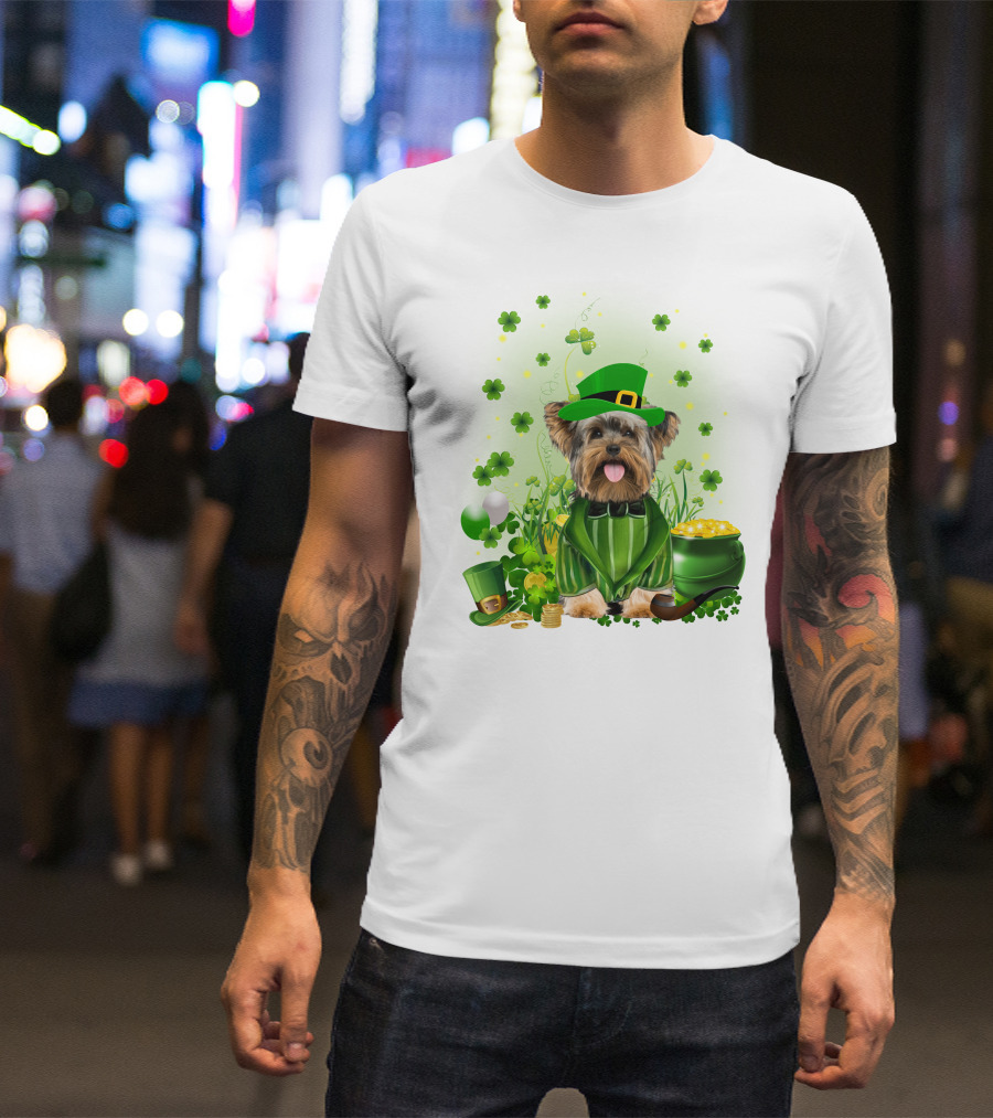 Yorkshire Terrier Saint Patrick's Day Celebration Leprechaun Outfit Shamrocks Pot Of Gold T-Shirt