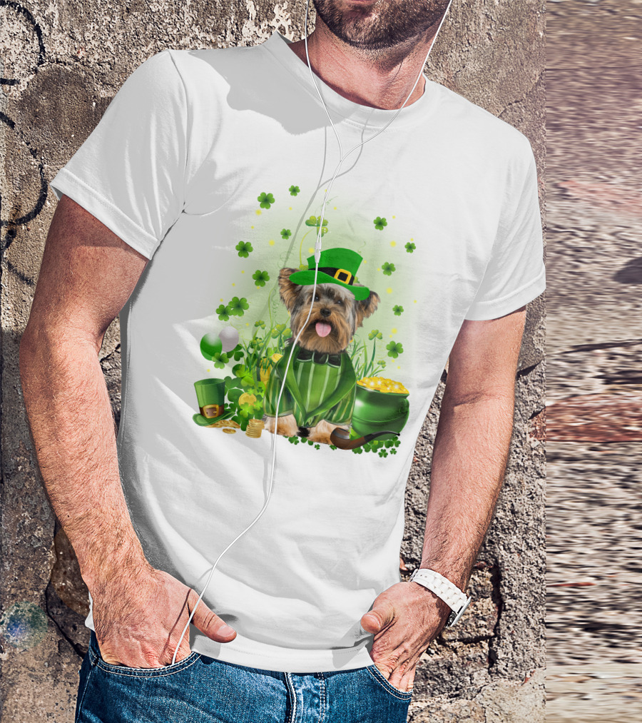 Yorkshire Terrier Saint Patrick's Day Celebration Leprechaun Outfit Shamrocks Pot Of Gold T-Shirt