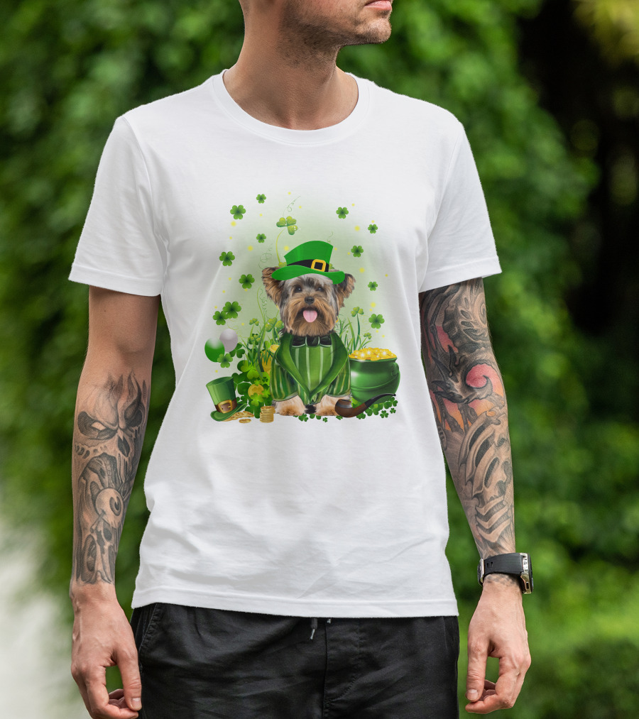 Yorkshire Terrier Saint Patrick's Day Celebration Leprechaun Outfit Shamrocks Pot Of Gold T-Shirt