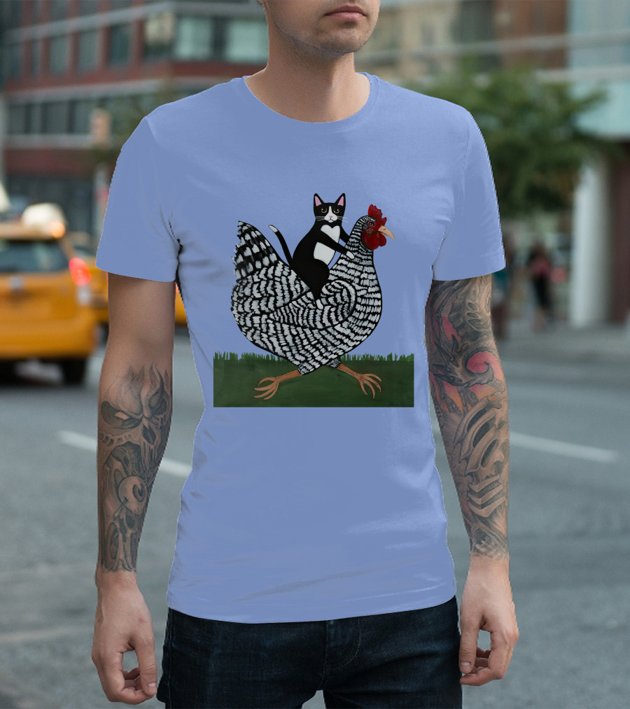 Tuxedo Cat on a Barred Rock Chicken in Grass Scene T-Shirt