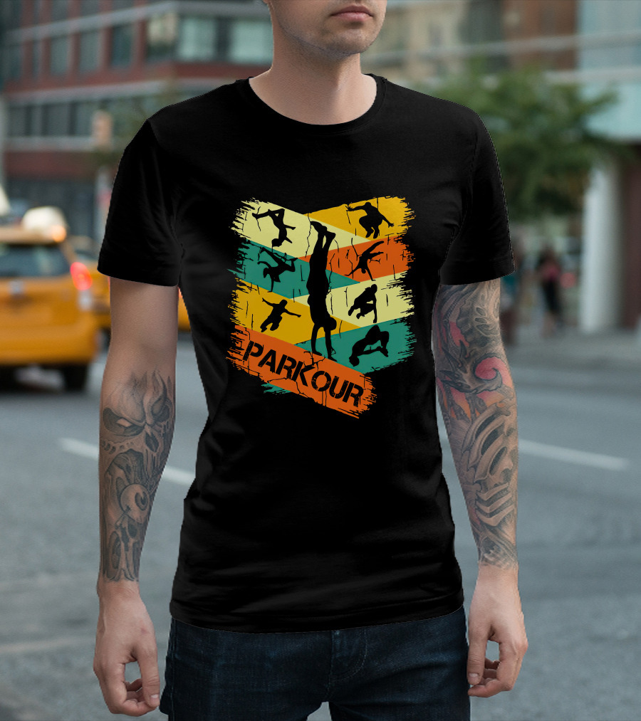 Parkour Movement Silhouettes on Colorful Geometric Background T-Shirt