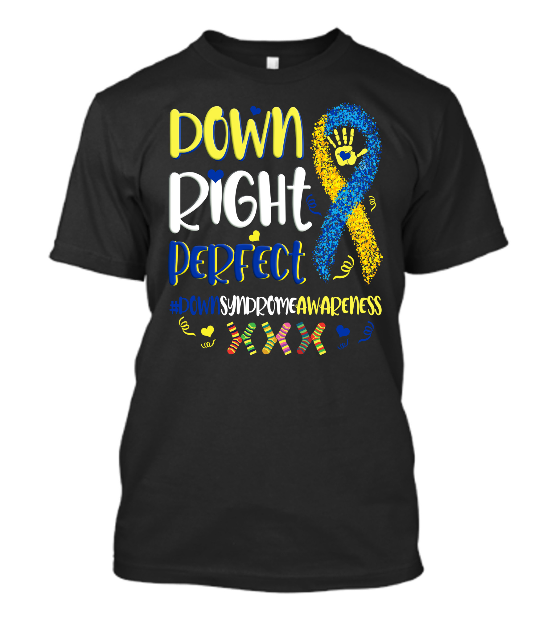 Down Right Perfect Down Syndrome Awareness Ribbon Handprint Hearts Socks T-Shirt