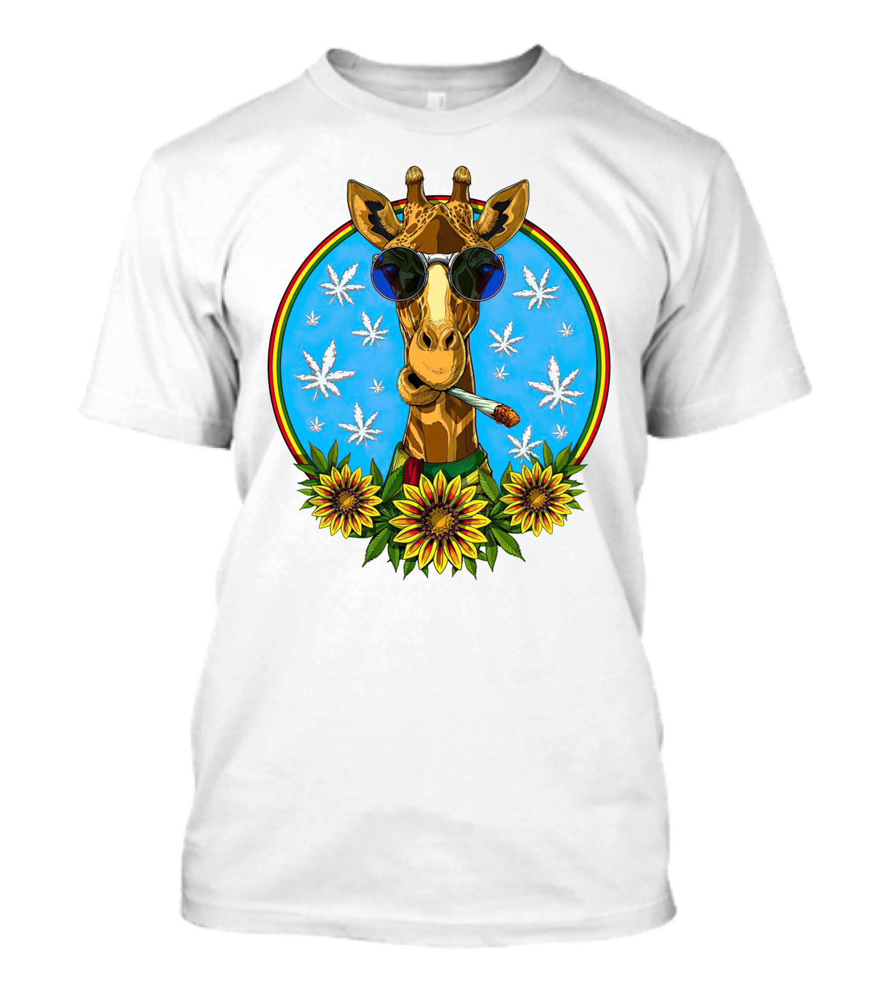 Giraffe Stoner Smoking Weed Joint With Sunglasses And Sunflowers T-Shirt