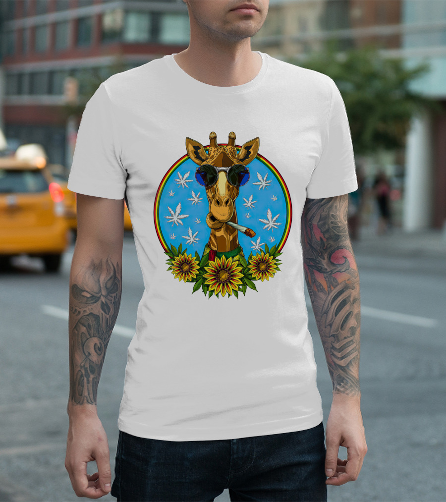 Giraffe Stoner Smoking Weed Joint With Sunglasses And Sunflowers T-Shirt